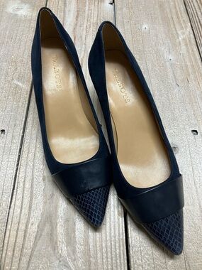 Talbots Navy Suede Pointed-Toe Pumps with Leather Cap